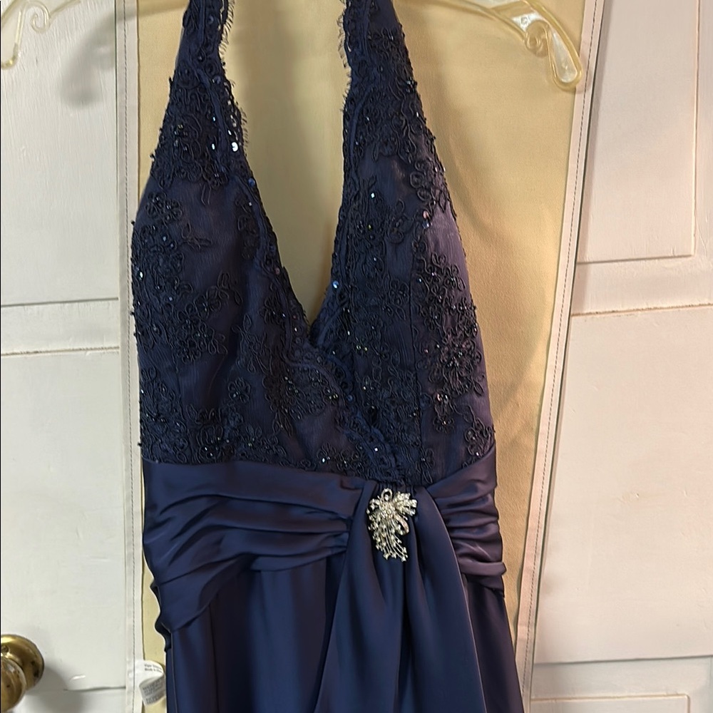 Elegant Navy Halter Dress with Embellished Bodice
